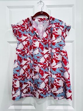 Women's Pink & Light Blue Abstract V-Neck Top